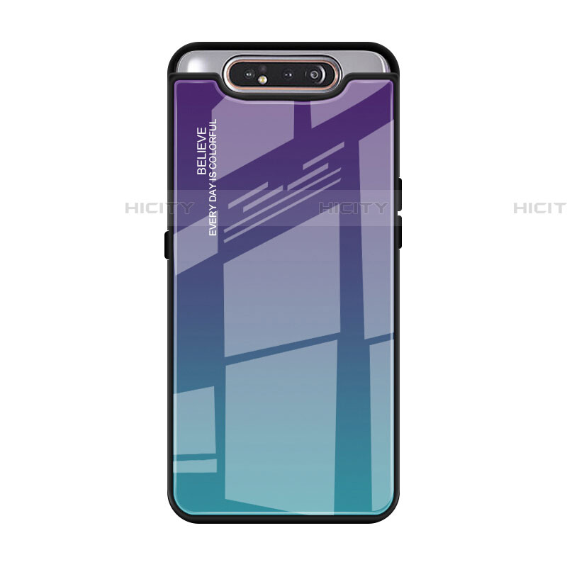 Coque Rebord Contour Silicone et Vitre Miroir Housse Etui Degrade Arc en Ciel H01 pour Samsung Galaxy A80 Cyan Plus