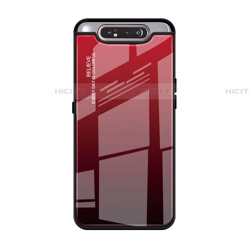 Coque Rebord Contour Silicone et Vitre Miroir Housse Etui Degrade Arc en Ciel H01 pour Samsung Galaxy A80 Rouge Plus