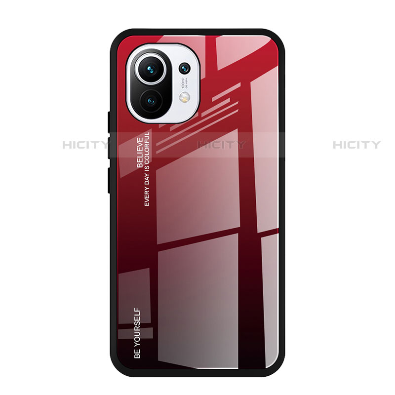 Coque Rebord Contour Silicone et Vitre Miroir Housse Etui Degrade Arc en Ciel H01 pour Xiaomi Mi 11 Lite 5G NE Rouge Plus