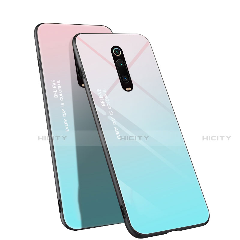 Coque Rebord Contour Silicone et Vitre Miroir Housse Etui Degrade Arc en Ciel H01 pour Xiaomi Mi 9T Cyan Plus