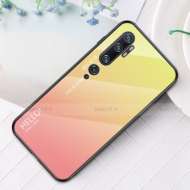 Coque Rebord Contour Silicone et Vitre Miroir Housse Etui Degrade Arc en Ciel H01 pour Xiaomi Mi Note 10 Jaune Plus