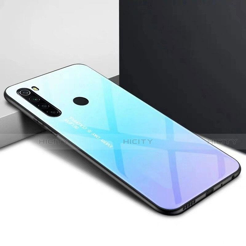 Coque Rebord Contour Silicone et Vitre Miroir Housse Etui Degrade Arc en Ciel H01 pour Xiaomi Redmi Note 8 (2021) Cyan Plus