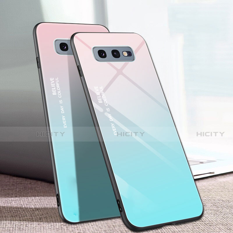 Coque Rebord Contour Silicone et Vitre Miroir Housse Etui Degrade Arc en Ciel H02 pour Samsung Galaxy S10e Cyan Plus