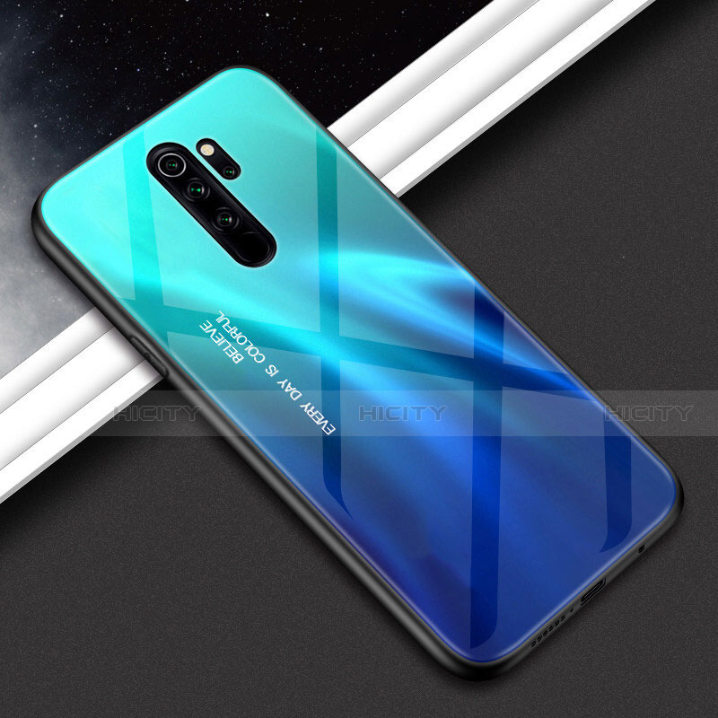 Coque Rebord Contour Silicone et Vitre Miroir Housse Etui Degrade Arc en Ciel H02 pour Xiaomi Redmi Note 8 Pro Bleu Ciel Plus