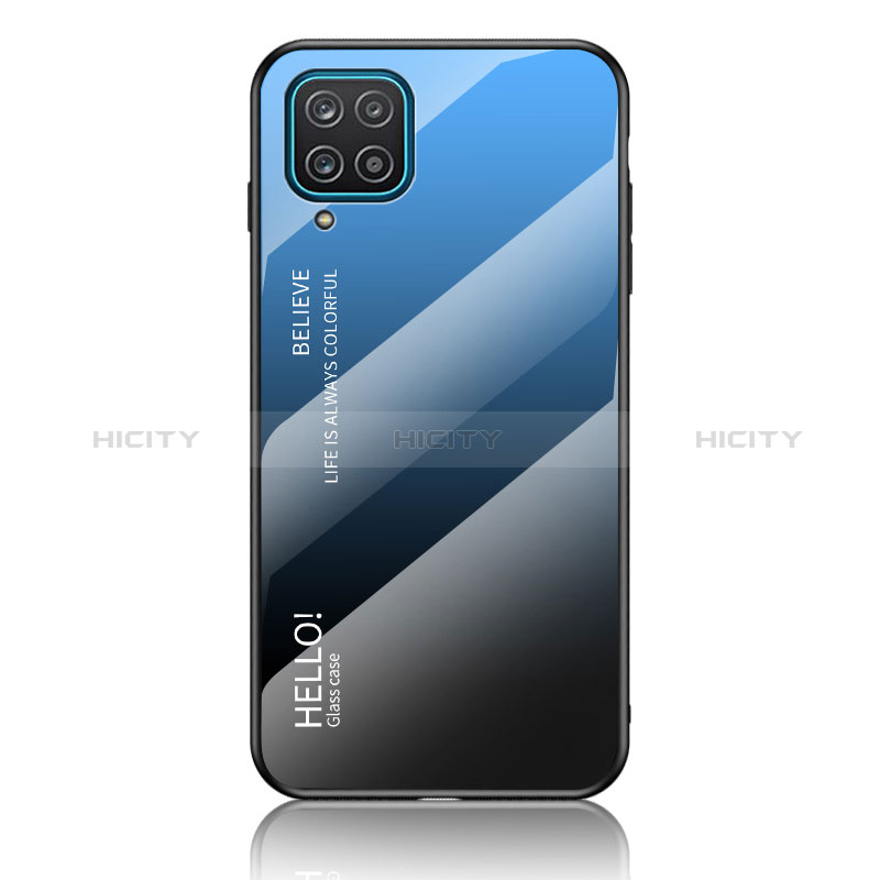 Coque Rebord Contour Silicone et Vitre Miroir Housse Etui Degrade Arc en Ciel LS1 pour Samsung Galaxy A12 Bleu Plus