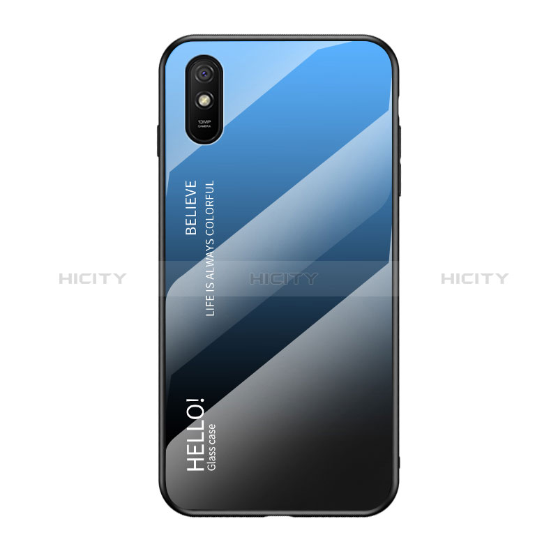 Coque Rebord Contour Silicone et Vitre Miroir Housse Etui Degrade Arc en Ciel LS1 pour Xiaomi Redmi 9AT Bleu Plus