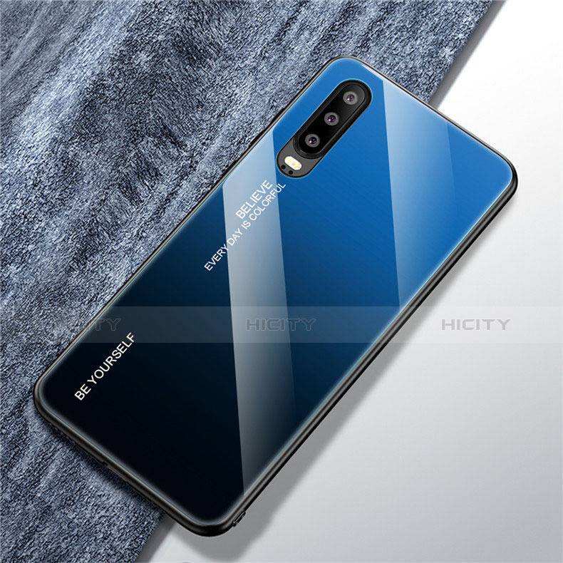 Coque Rebord Contour Silicone et Vitre Miroir Housse Etui Degrade Arc en Ciel M01 pour Huawei P30 Bleu Plus