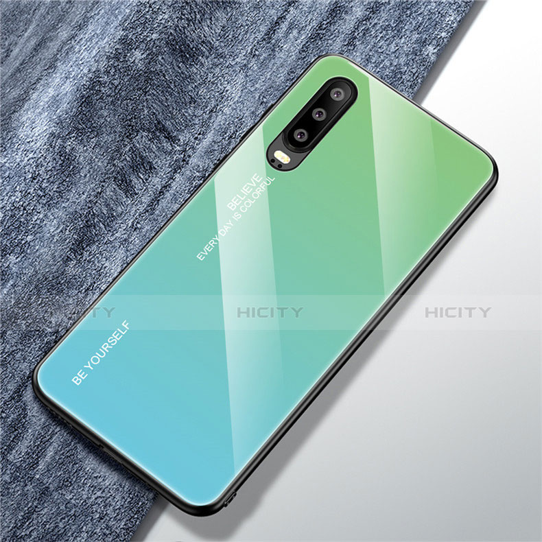 Coque Rebord Contour Silicone et Vitre Miroir Housse Etui Degrade Arc en Ciel M01 pour Huawei P30 Vert Plus