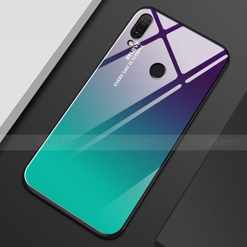 Coque Rebord Contour Silicone et Vitre Miroir Housse Etui Degrade Arc en Ciel M01 pour Huawei Y9 (2019) Cyan Plus