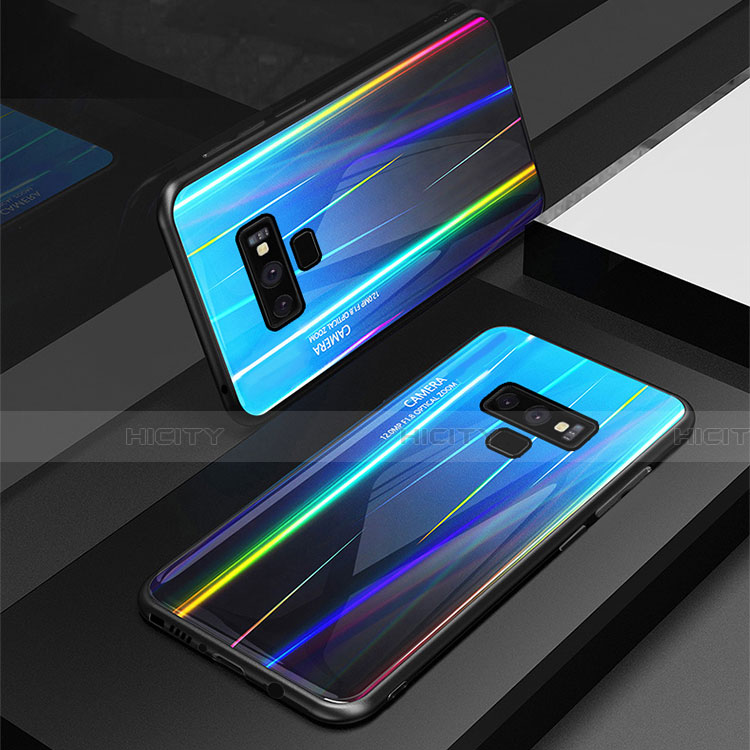 Coque Rebord Contour Silicone et Vitre Miroir Housse Etui Degrade Arc en Ciel M01 pour Samsung Galaxy Note 9 Bleu Plus