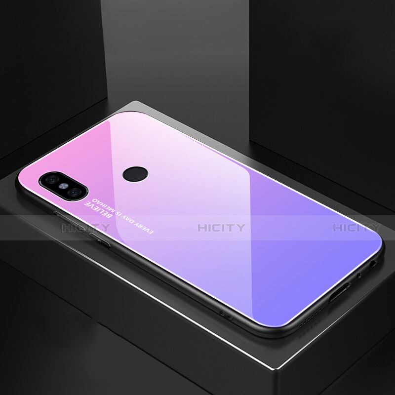 Coque Rebord Contour Silicone et Vitre Miroir Housse Etui Degrade Arc en Ciel M01 pour Xiaomi Mi A2 Violet Plus