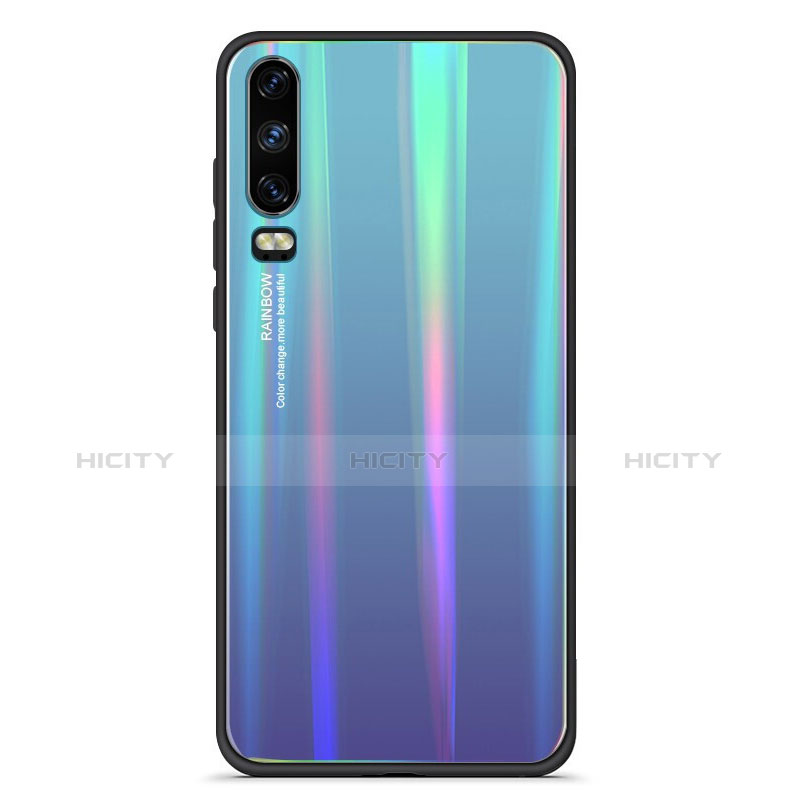 Coque Rebord Contour Silicone et Vitre Miroir Housse Etui Degrade Arc en Ciel M02 pour Huawei P30 Bleu Plus