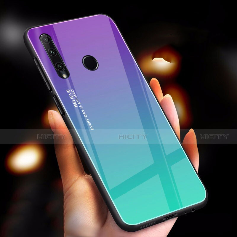 Coque Rebord Contour Silicone et Vitre Miroir Housse Etui Degrade Arc en Ciel pour Huawei Honor 20i Cyan Plus