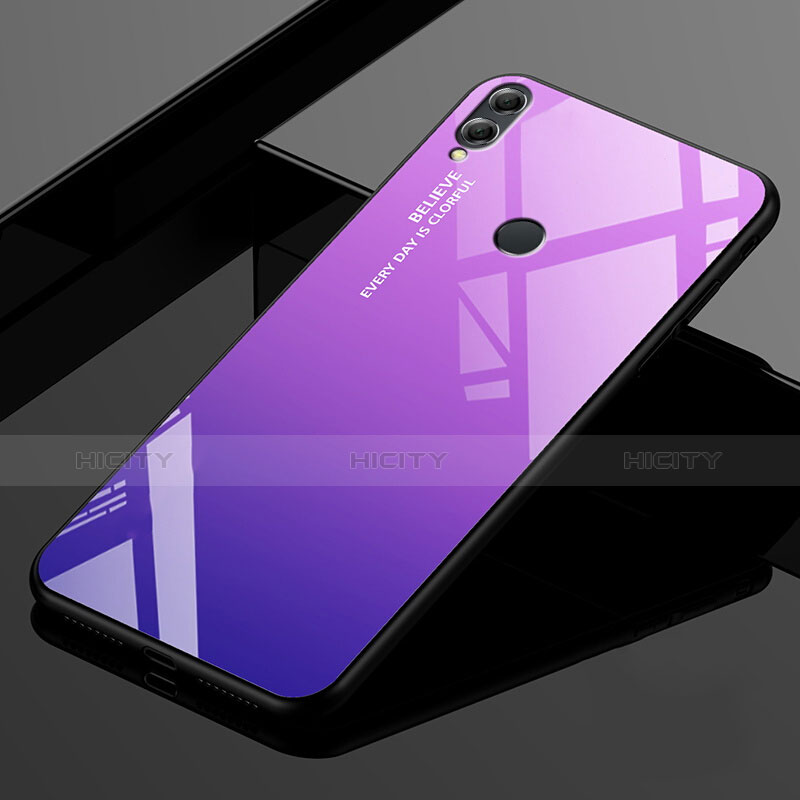 Coque Rebord Contour Silicone et Vitre Miroir Housse Etui Degrade Arc en Ciel pour Huawei Honor 8X Max Violet Plus