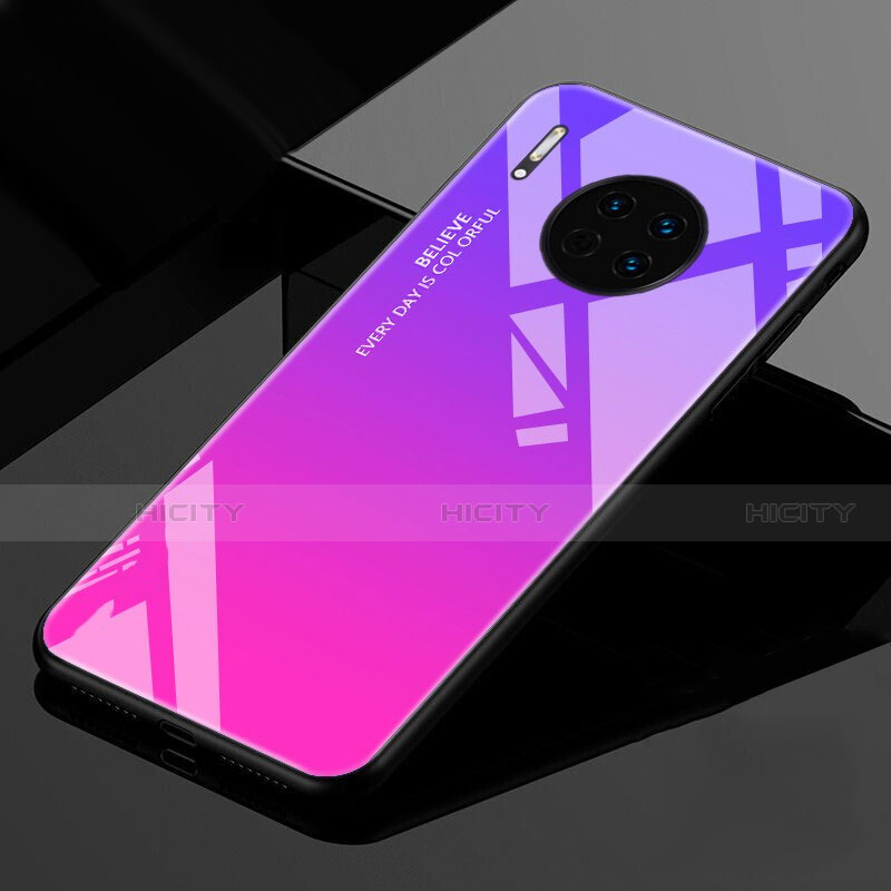 Coque Rebord Contour Silicone et Vitre Miroir Housse Etui Degrade Arc en Ciel pour Huawei Mate 30 5G Rose Rouge Plus