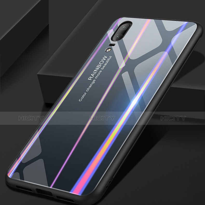 Coque Rebord Contour Silicone et Vitre Miroir Housse Etui Degrade Arc en Ciel pour Huawei P20 Gris Plus