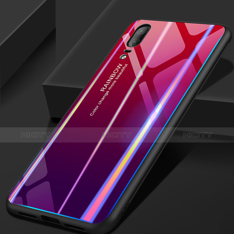 Coque Rebord Contour Silicone et Vitre Miroir Housse Etui Degrade Arc en Ciel pour Huawei P20 Rouge Plus