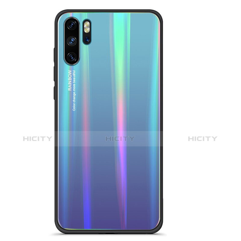 Coque Rebord Contour Silicone et Vitre Miroir Housse Etui Degrade Arc en Ciel pour Huawei P30 Pro Cyan Plus