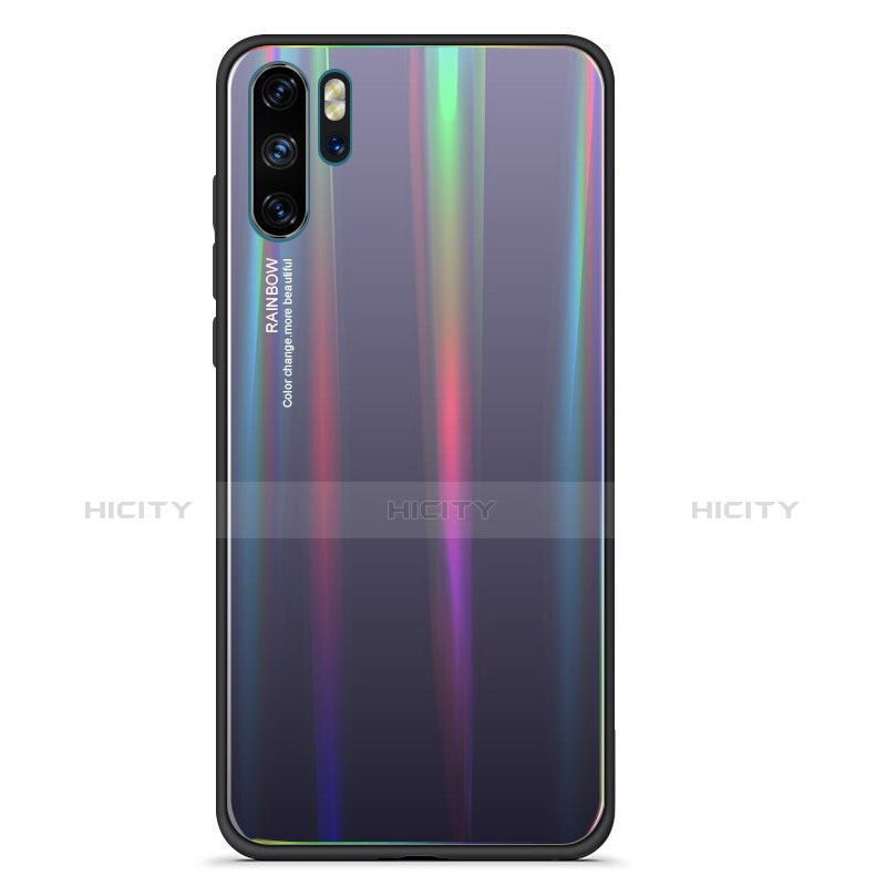 Coque Rebord Contour Silicone et Vitre Miroir Housse Etui Degrade Arc en Ciel pour Huawei P30 Pro Gris Plus