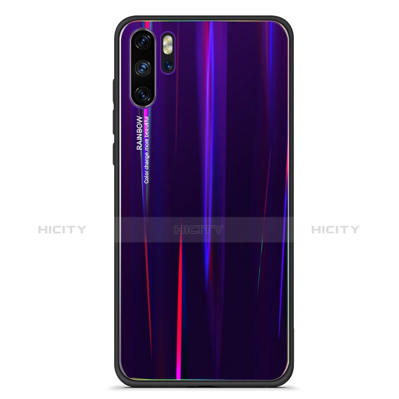 Coque Rebord Contour Silicone et Vitre Miroir Housse Etui Degrade Arc en Ciel pour Huawei P30 Pro Violet Plus