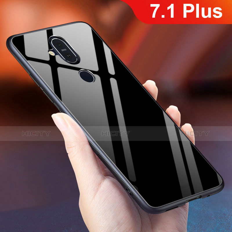 Coque Rebord Contour Silicone et Vitre Miroir Housse Etui Degrade Arc en Ciel pour Nokia 7.1 Plus Noir Plus