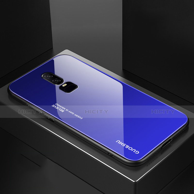 Coque Rebord Contour Silicone et Vitre Miroir Housse Etui Degrade Arc en Ciel pour OnePlus 6 Bleu Plus