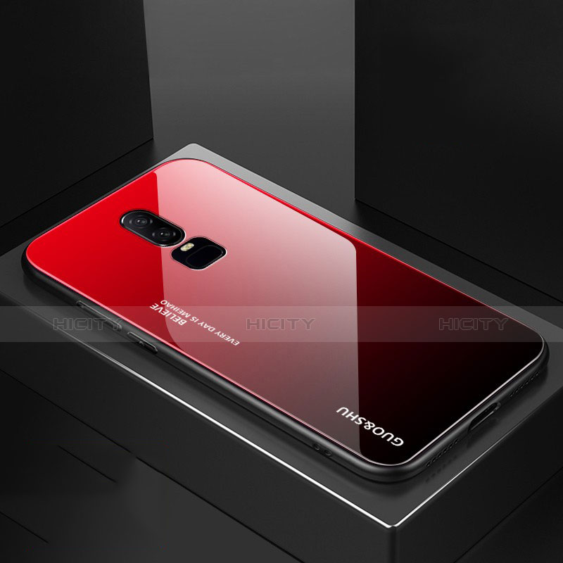 Coque Rebord Contour Silicone et Vitre Miroir Housse Etui Degrade Arc en Ciel pour OnePlus 6 Rouge Plus