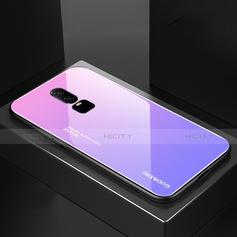 Coque Rebord Contour Silicone et Vitre Miroir Housse Etui Degrade Arc en Ciel pour OnePlus 6 Violet Plus