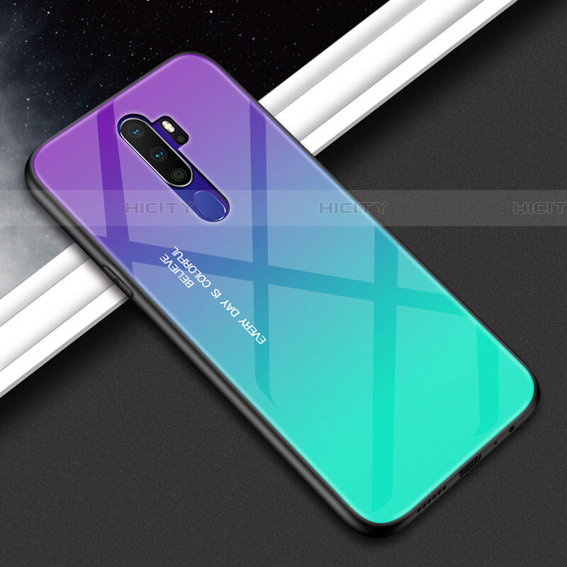 Coque Rebord Contour Silicone et Vitre Miroir Housse Etui Degrade Arc en Ciel pour Oppo A11 Plus