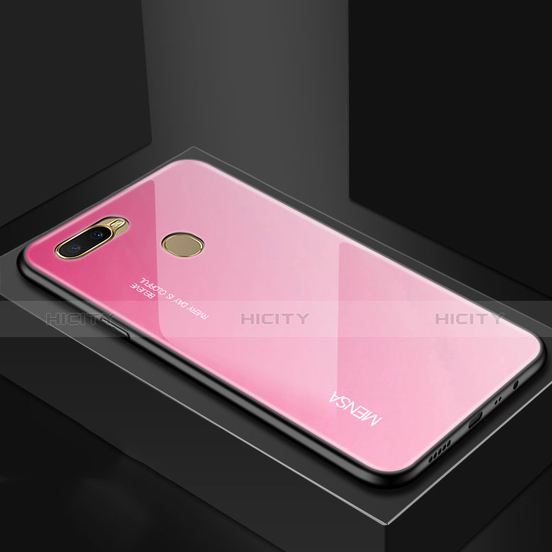 Coque Rebord Contour Silicone et Vitre Miroir Housse Etui Degrade Arc en Ciel pour Oppo A7 Or Rose Plus