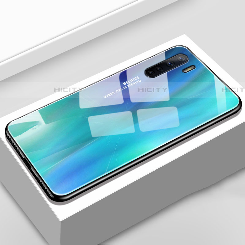 Coque Rebord Contour Silicone et Vitre Miroir Housse Etui Degrade Arc en Ciel pour Oppo A91 Bleu Ciel Plus