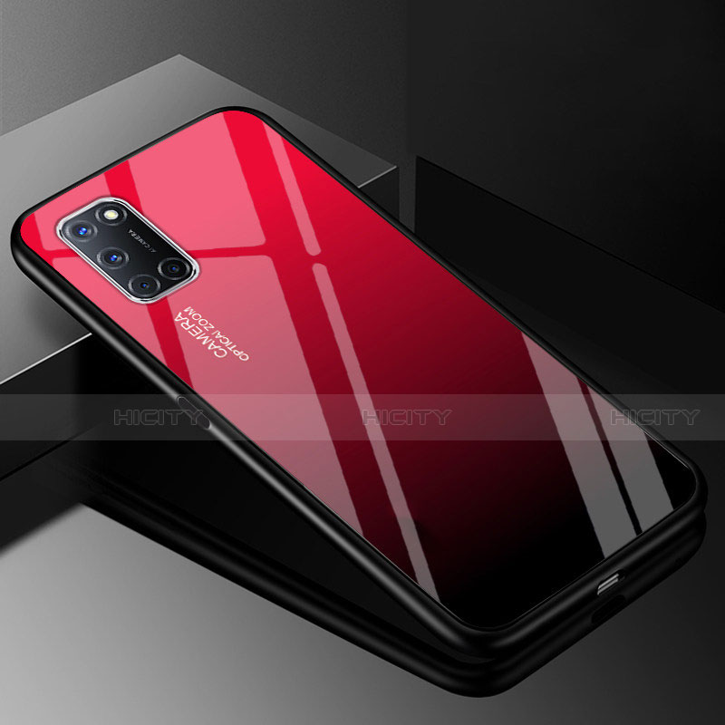 Coque Rebord Contour Silicone et Vitre Miroir Housse Etui Degrade Arc en Ciel pour Oppo A92 Rouge et Noir Plus