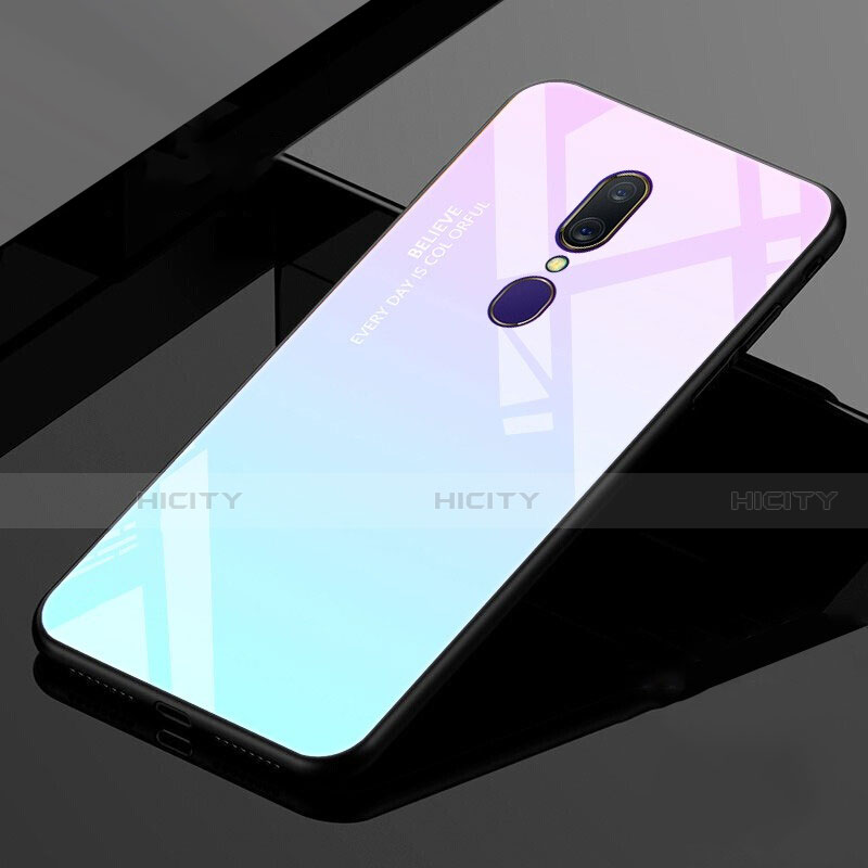 Coque Rebord Contour Silicone et Vitre Miroir Housse Etui Degrade Arc en Ciel pour Oppo A9X Cyan Plus