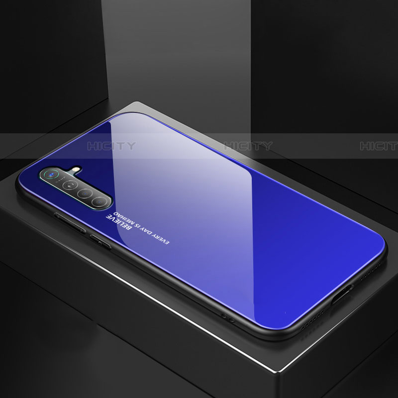 Coque Rebord Contour Silicone et Vitre Miroir Housse Etui Degrade Arc en Ciel pour Oppo K5 Bleu Plus
