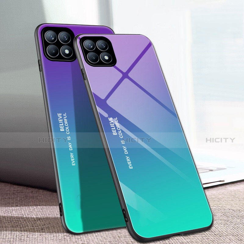 Coque Rebord Contour Silicone et Vitre Miroir Housse Etui Degrade Arc en Ciel pour Oppo Reno4 SE 5G Cyan Plus