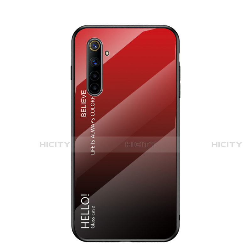 Coque Rebord Contour Silicone et Vitre Miroir Housse Etui Degrade Arc en Ciel pour Realme 6s Rouge Plus