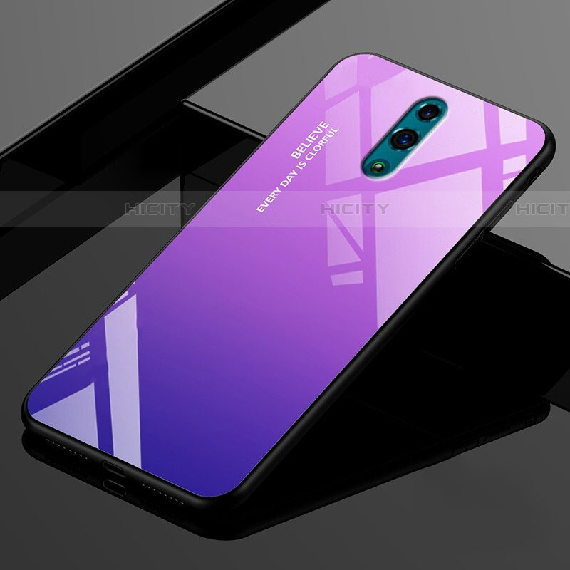 Coque Rebord Contour Silicone et Vitre Miroir Housse Etui Degrade Arc en Ciel pour Realme X Violet Plus