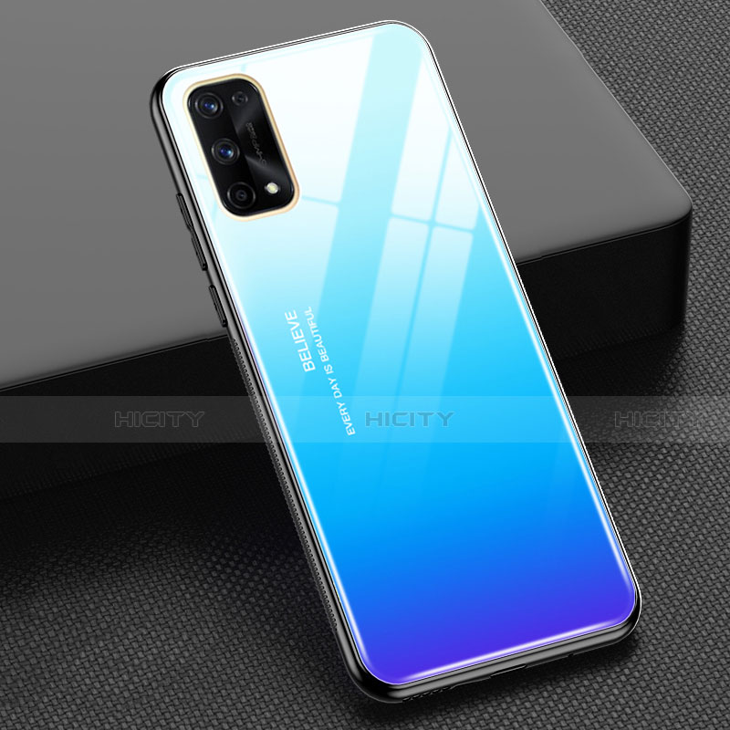 Coque Rebord Contour Silicone et Vitre Miroir Housse Etui Degrade Arc en Ciel pour Realme X7 Pro 5G Bleu Ciel Plus