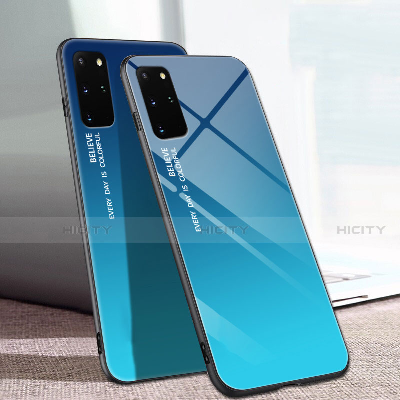 Coque Rebord Contour Silicone et Vitre Miroir Housse Etui Degrade Arc en Ciel pour Samsung Galaxy S20 Plus Bleu Plus