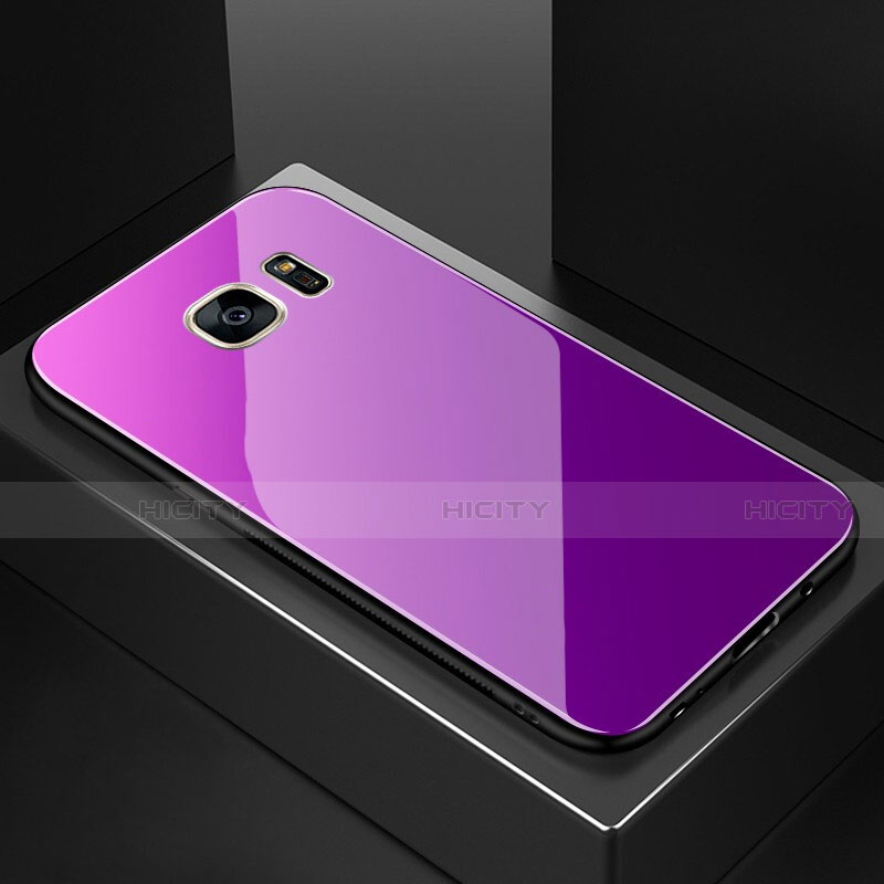 Coque Rebord Contour Silicone et Vitre Miroir Housse Etui Degrade Arc en Ciel pour Samsung Galaxy S7 Edge G935F Violet Plus