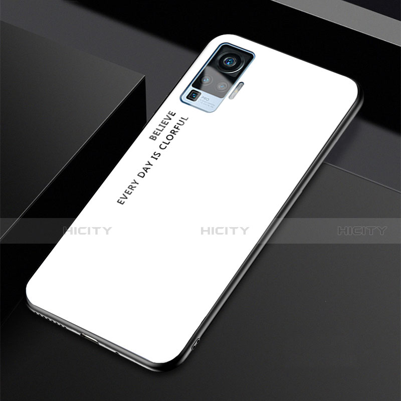 Coque Rebord Contour Silicone et Vitre Miroir Housse Etui Degrade Arc en Ciel pour Vivo X50 Pro 5G Blanc Plus