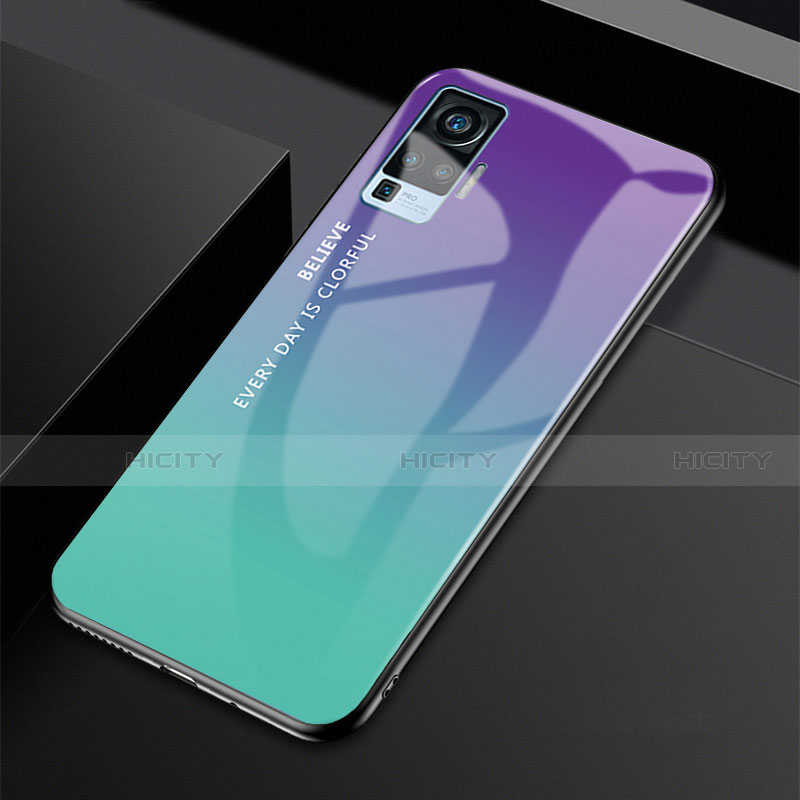 Coque Rebord Contour Silicone et Vitre Miroir Housse Etui Degrade Arc en Ciel pour Vivo X50 Pro 5G Cyan Plus