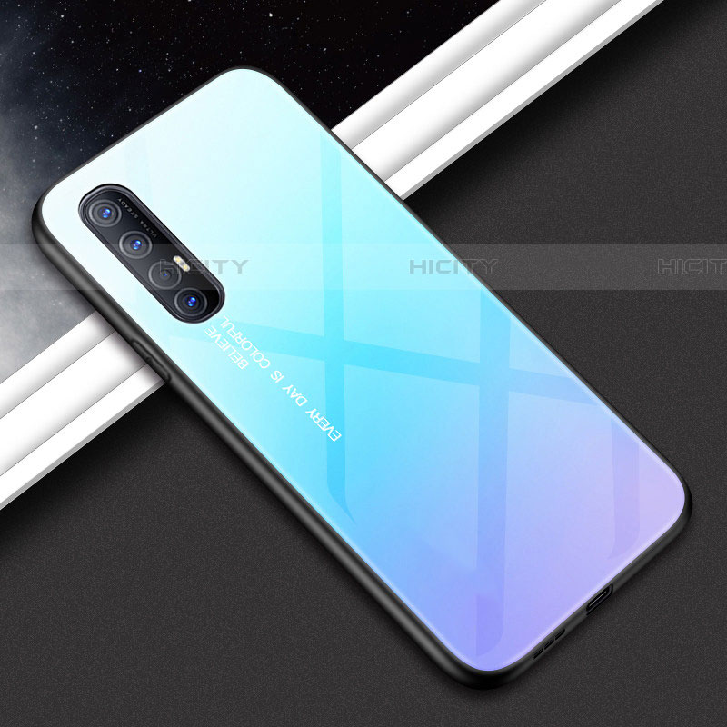 Coque Rebord Contour Silicone et Vitre Miroir Housse Etui pour Oppo Reno3 Pro Bleu Ciel Plus