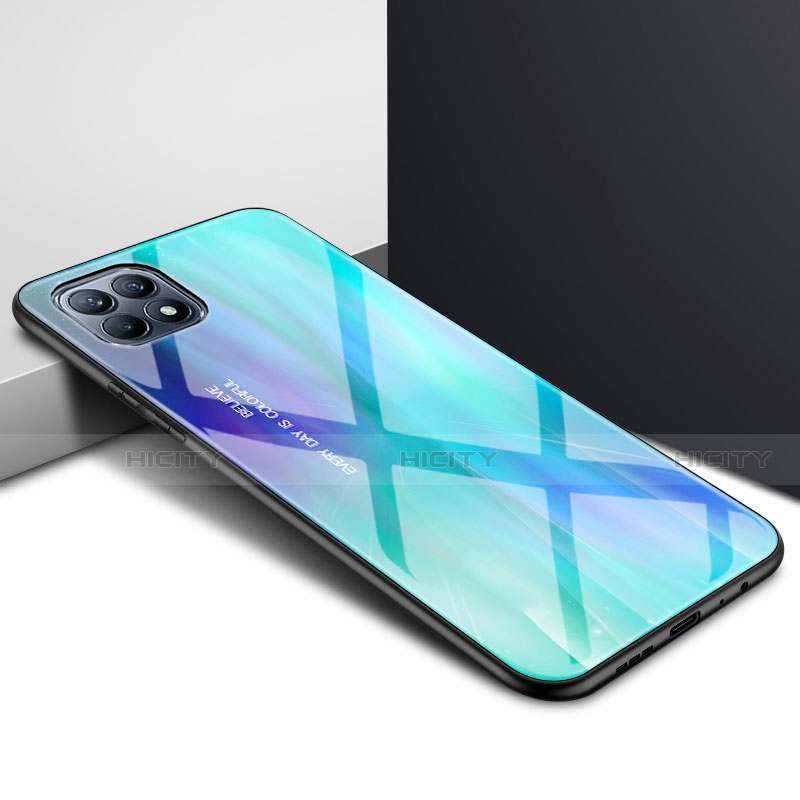 Coque Rebord Contour Silicone et Vitre Miroir Housse Etui pour Oppo Reno4 SE 5G Cyan Plus