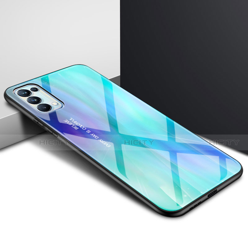 Coque Rebord Contour Silicone et Vitre Miroir Housse Etui pour Oppo Reno5 5G Cyan Plus