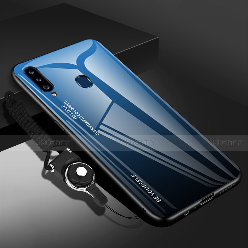 Coque Rebord Contour Silicone et Vitre Miroir Housse Etui pour Samsung Galaxy A20s Bleu Plus