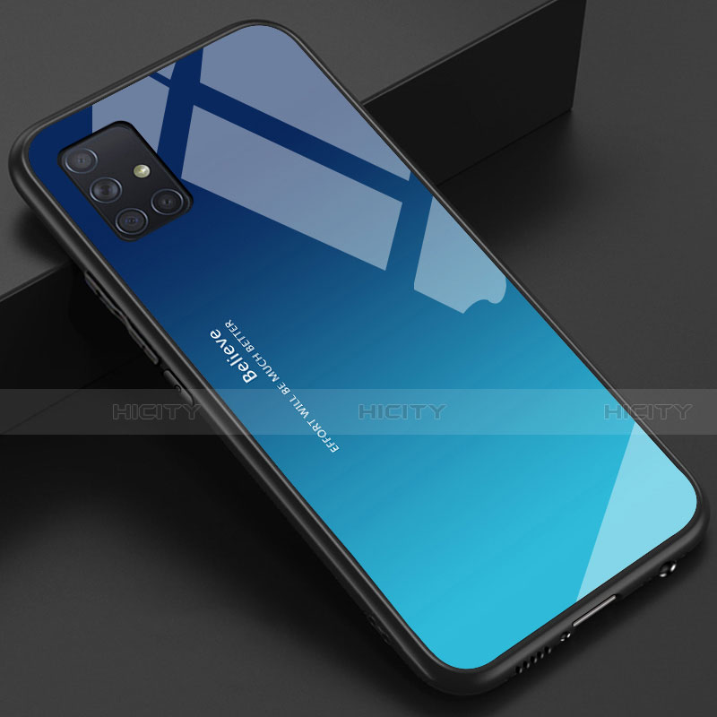 Coque Rebord Contour Silicone et Vitre Miroir Housse Etui pour Samsung Galaxy A51 4G Bleu Ciel Plus