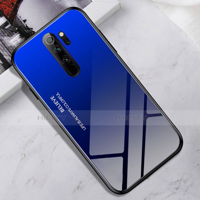 Coque Rebord Contour Silicone et Vitre Miroir Housse Etui pour Xiaomi Redmi Note 8 Pro Bleu Plus