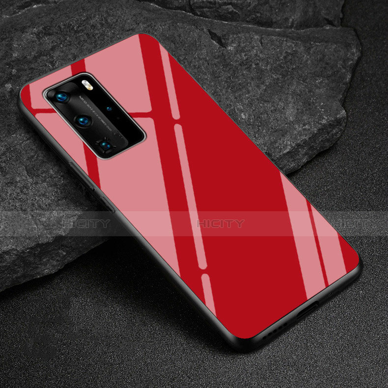 Coque Rebord Contour Silicone et Vitre Miroir Housse Etui T03 pour Huawei P40 Pro Rouge Plus