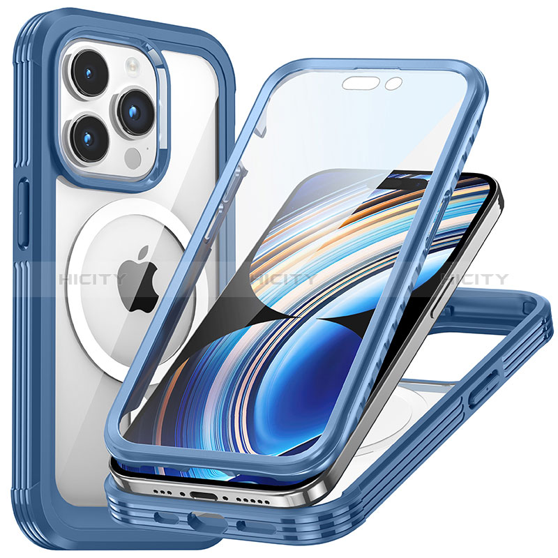 Coque Rebord Contour Silicone et Vitre Transparente Housse Etui 360 Degres avec Mag-Safe Magnetic Magnetique T01 pour Apple iPhone 14 Pro Bleu Plus